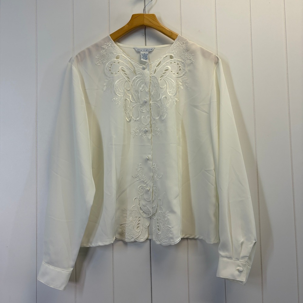 Vintage Ship n Shore Embroidered Secretary Blouse Women Size 18 Classic Romantic